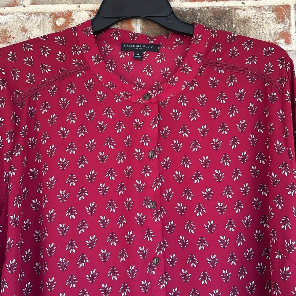 Signature Studio Plus Maroon Leaf Pattern Long Sl… - image 5